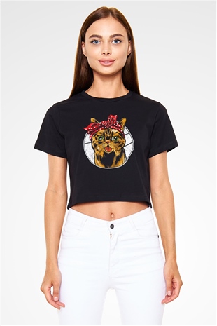 Kedicik Baskılı  Siyah  Crop Top Tişört