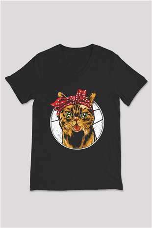 Kedicik Baskılı Unisex Siyah  V Yaka Tişört