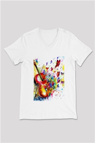 Kemancı Beyaz Unisex V Yaka Tişört T-Shirt