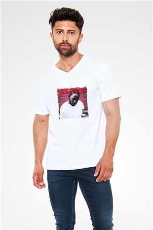 Kendrick Lamar Baskılı Beyaz V Yaka Unisex Tişört
