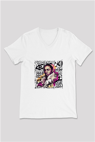 Kendrick Lamar Baskılı Beyaz V Yaka Unisex Tişört