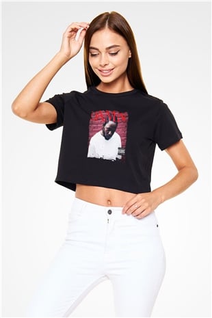 Kendrick Lamar Baskılı Crop Top Siyah Kadın Tişört