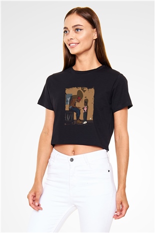 Kendrick Lamar Baskılı Crop Top Siyah Kadın Tişört