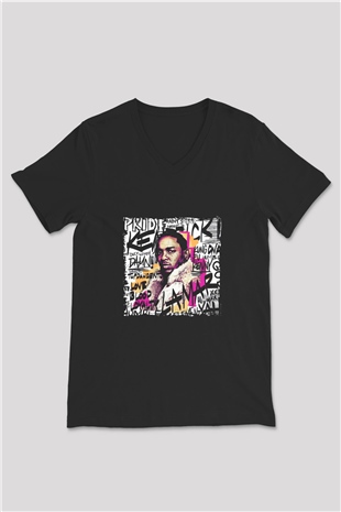 Kendrick Lamar Baskılı Unisex Siyah V Yaka Tişört