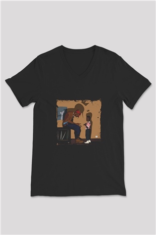 Kendrick Lamar Baskılı Unisex Siyah V Yaka Tişört
