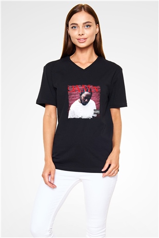 Kendrick Lamar Baskılı Unisex Siyah V Yaka Tişört