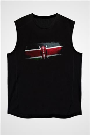 Kenya Bayrağı Baskılı Unisex Siyah Kolsuz Tişört
