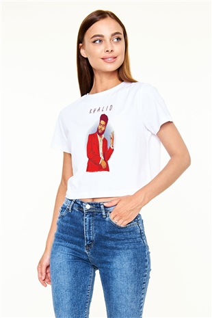 Khalid Baskılı Beyaz Crop Top Kadın Tişört - Tshirt