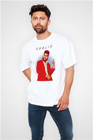 Khalid Baskılı Beyaz Unisex Oversize Tişört - Tshirt