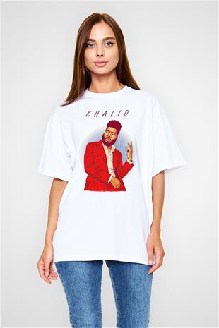 Khalid Baskılı Beyaz Unisex Oversize Tişört - Tshirt
