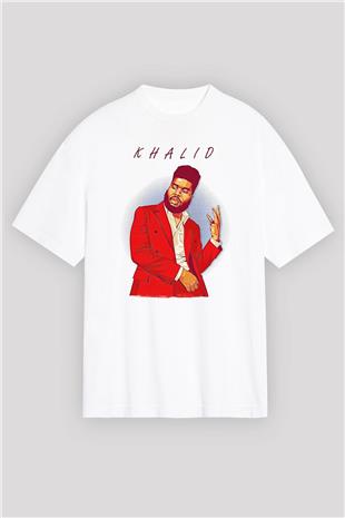 Khalid Baskılı Beyaz Unisex Oversize Tişört - Tshirt