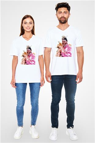 Khalid Baskılı Beyaz Unisex V Yaka Tişört - Tshirt