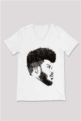 Khalid Baskılı Beyaz Unisex V Yaka Tişört - Tshirt