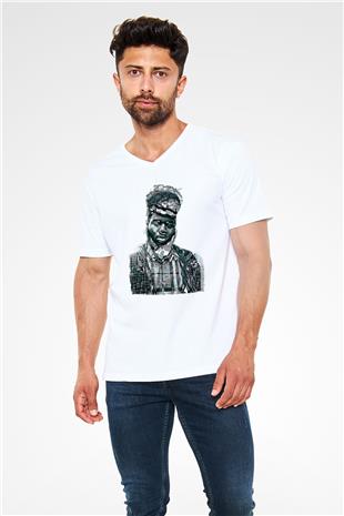 Khalid Baskılı Beyaz Unisex V Yaka Tişört - Tshirt