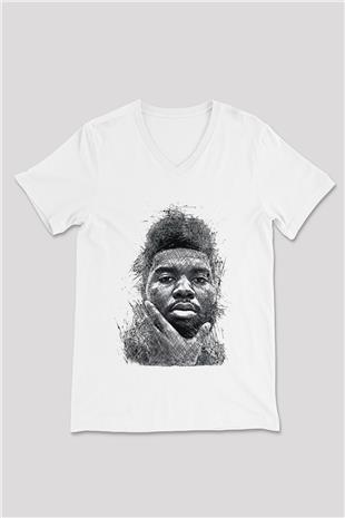 Khalid Baskılı Beyaz Unisex V Yaka Tişört - Tshirt