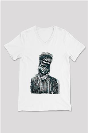 Khalid Baskılı Beyaz Unisex V Yaka Tişört - Tshirt