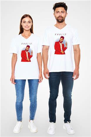 Khalid Baskılı Beyaz Unisex V Yaka Tişört - Tshirt