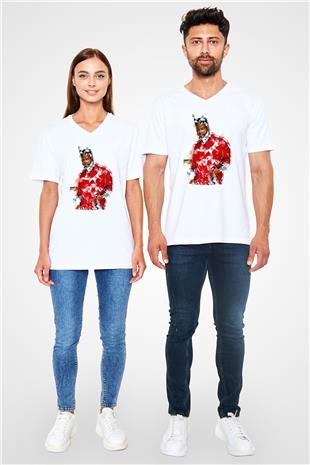 Khalid Baskılı Beyaz Unisex V Yaka Tişört - Tshirt