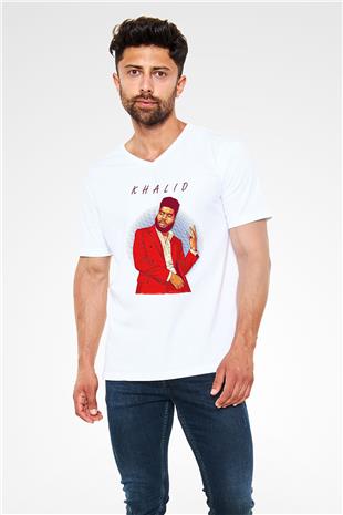 Khalid Baskılı Beyaz Unisex V Yaka Tişört - Tshirt