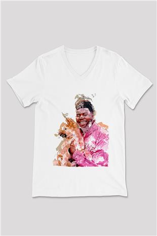 Khalid Baskılı Beyaz Unisex V Yaka Tişört - Tshirt