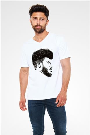 Khalid Baskılı Beyaz Unisex V Yaka Tişört - Tshirt