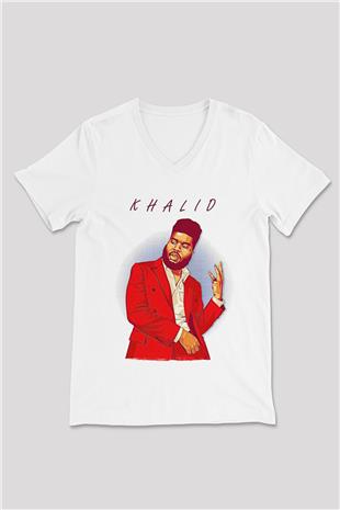 Khalid Baskılı Beyaz Unisex V Yaka Tişört - Tshirt