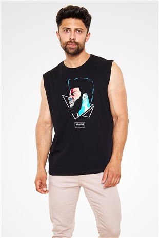 Khalid Baskılı Unisex Siyah Kolsuz Tişört - Tshirt