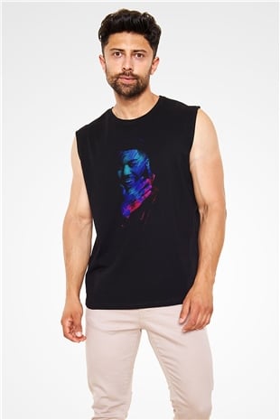 Khalid Baskılı Unisex Siyah Kolsuz Tişört - Tshirt