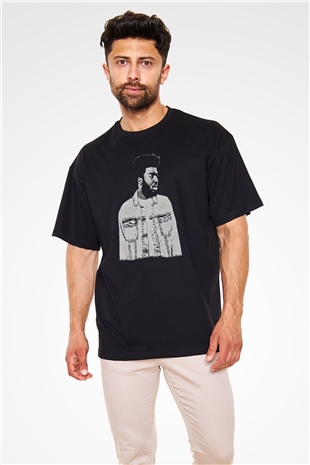 Khalid Baskılı Unisex Siyah Oversize Tişört - Tshirt