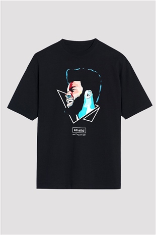 Khalid Baskılı Unisex Siyah Oversize Tişört - Tshirt