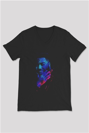Khalid Baskılı Unisex Siyah V Yaka Tişört - Tshirt