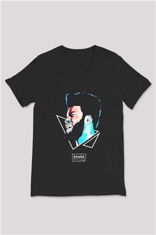 Khalid Baskılı Unisex Siyah V Yaka Tişört - Tshirt