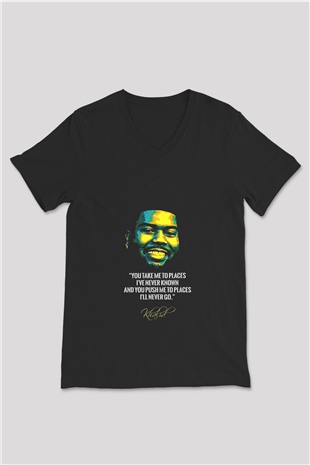 Khalid Baskılı Unisex Siyah V Yaka Tişört - Tshirt