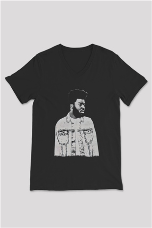 Khalid Baskılı Unisex Siyah V Yaka Tişört - Tshirt