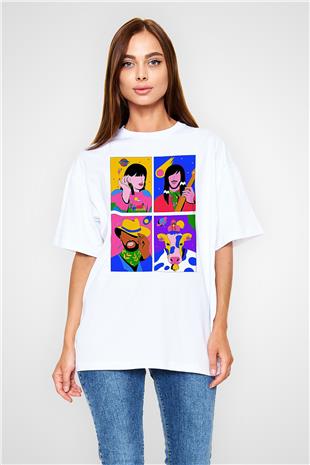 Khruanybin Baskılı Beyaz Unisex Oversize Tişört - Tshirt