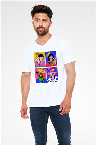 Khruanybin Baskılı Beyaz Unisex V Yaka Tişört - Tshirt