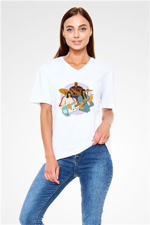 Khruanybin Baskılı Beyaz Unisex V Yaka Tişört - Tshirt