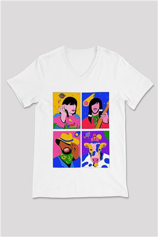 Khruanybin Baskılı Beyaz Unisex V Yaka Tişört - Tshirt