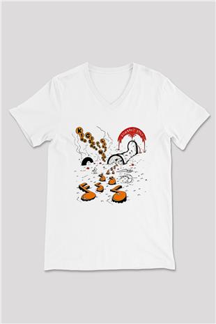 Khruanybin Baskılı Beyaz Unisex V Yaka Tişört - Tshirt