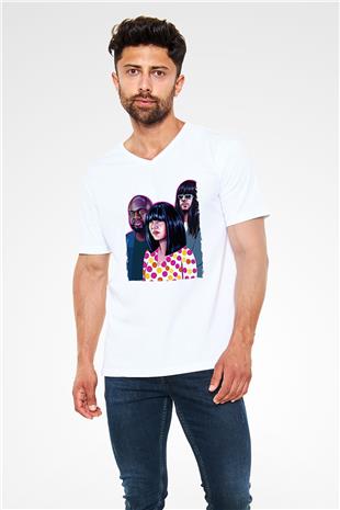 Khruanybin Baskılı Beyaz Unisex V Yaka Tişört - Tshirt