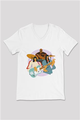 Khruanybin Baskılı Beyaz Unisex V Yaka Tişört - Tshirt