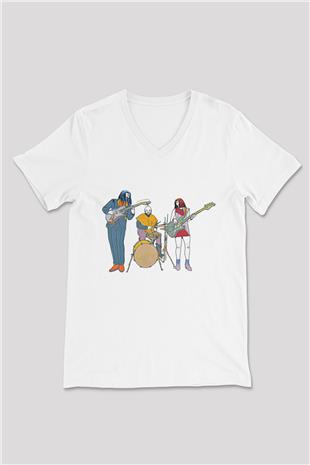 Khruanybin Baskılı Beyaz Unisex V Yaka Tişört - Tshirt