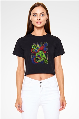 Khruanybin Baskılı Siyah Crop Top Kadın Tişört - Tshirt