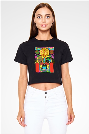 Khruanybin Baskılı Siyah Crop Top Kadın Tişört - Tshirt
