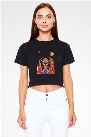 Khruanybin Baskılı Siyah Crop Top Kadın Tişört - Tshirt