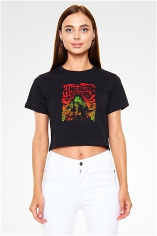 Khruanybin Baskılı Siyah Crop Top Kadın Tişört - Tshirt