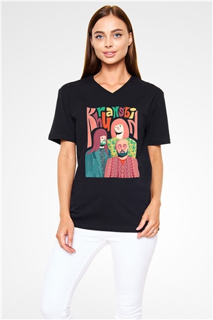 Khruanybin Baskılı Unisex Siyah V Yaka Tişört - Tshirt