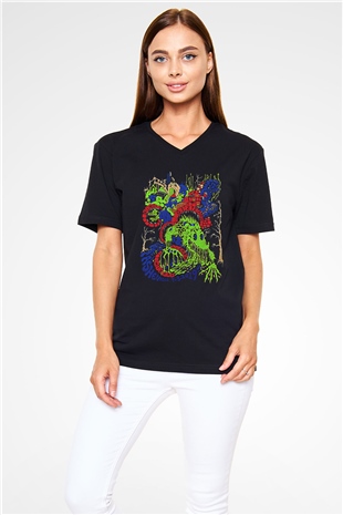 Khruanybin Baskılı Unisex Siyah V Yaka Tişört - Tshirt