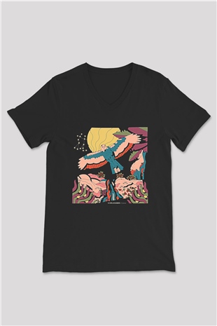 Khruanybin Baskılı Unisex Siyah V Yaka Tişört - Tshirt