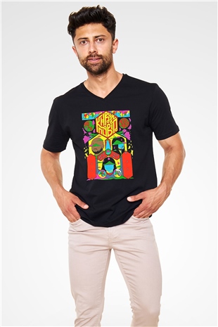 Khruanybin Baskılı Unisex Siyah V Yaka Tişört - Tshirt